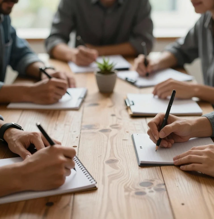 Hingergrundbild zu der Schrift. Es ist ein Tisch mit Notizblöcken zu sehen, auf dem sich Notizen geacht werden.